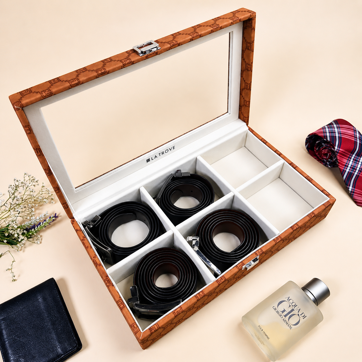 Designer 6 Slot Belt Box With Glass Lid