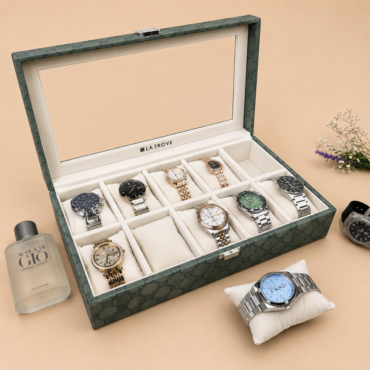 Designer 10 Slot Watch Box With Glass Top