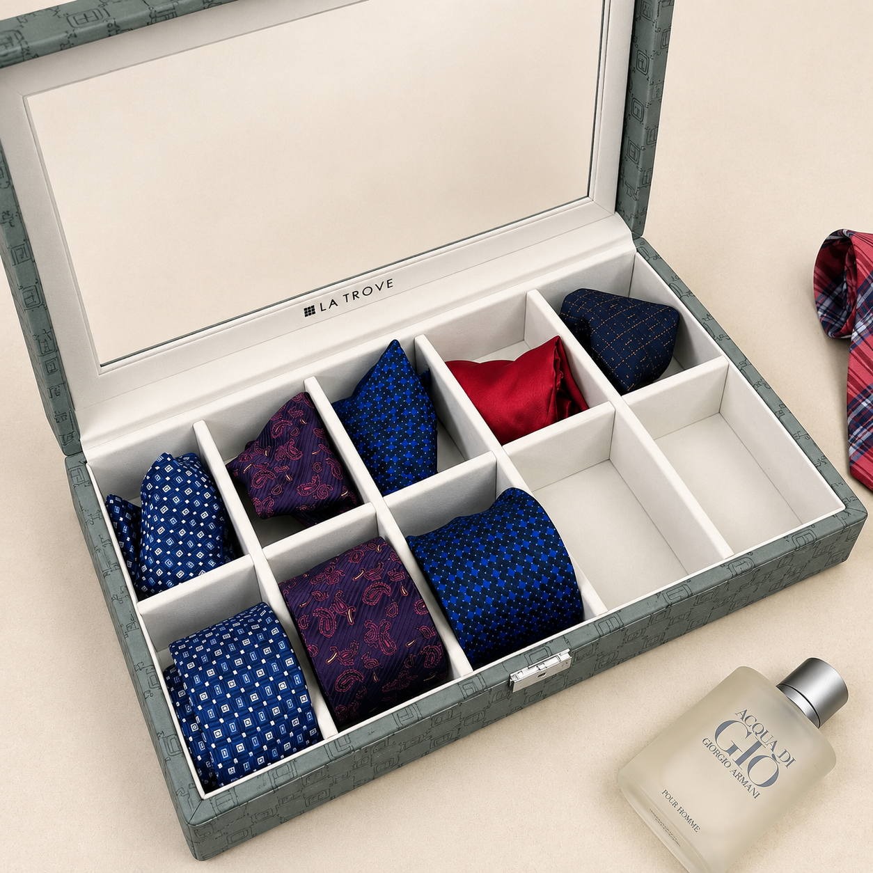 Designer 10 Slot Tie Pocket Square Box With Glass Top