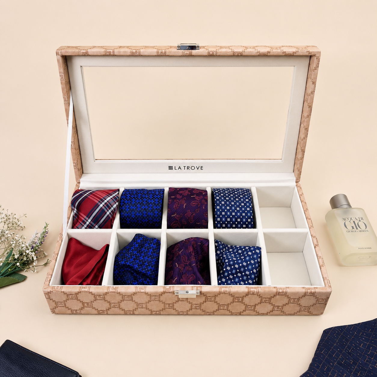 Designer 10 Slot Tie Pocket Square Box With Glass Top