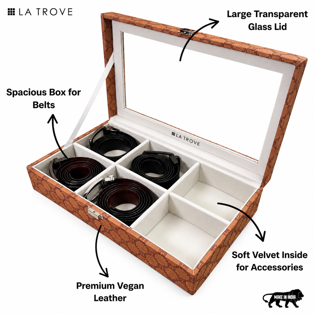 Designer 6 Slot Belt Box With Glass Lid