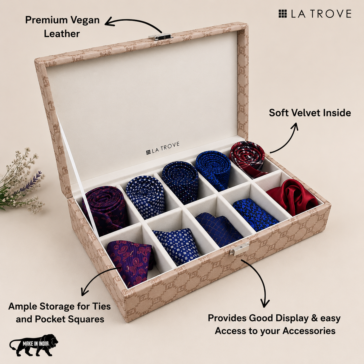 Designer 10 Slot Tie & Pocket Square Box