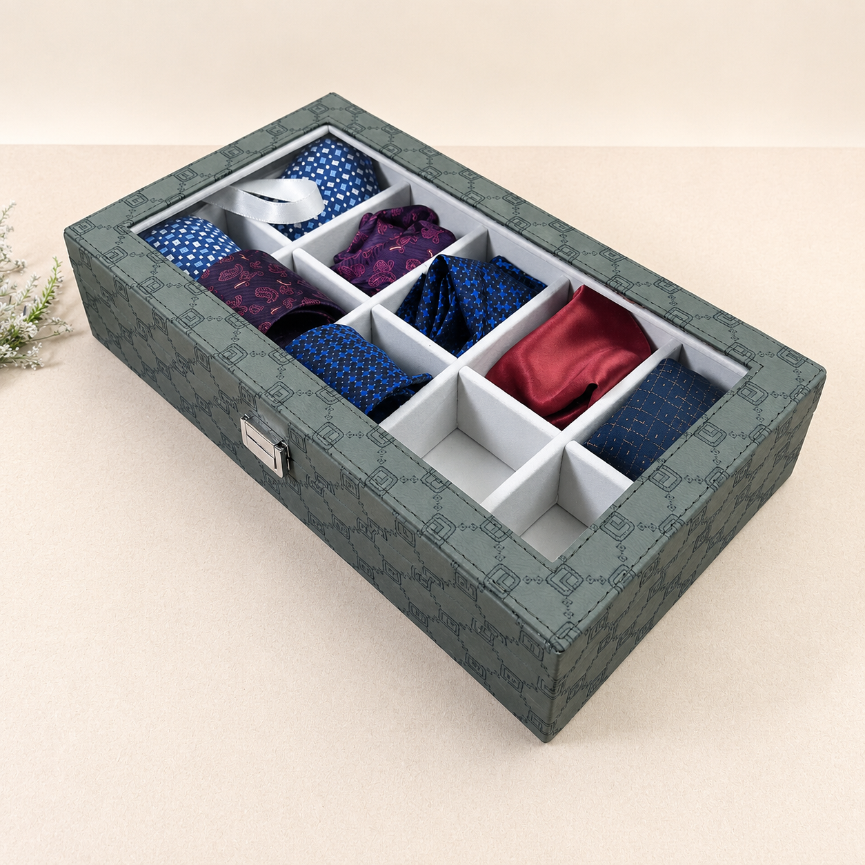 Designer 10 Slot Tie Pocket Square Box With Glass Top