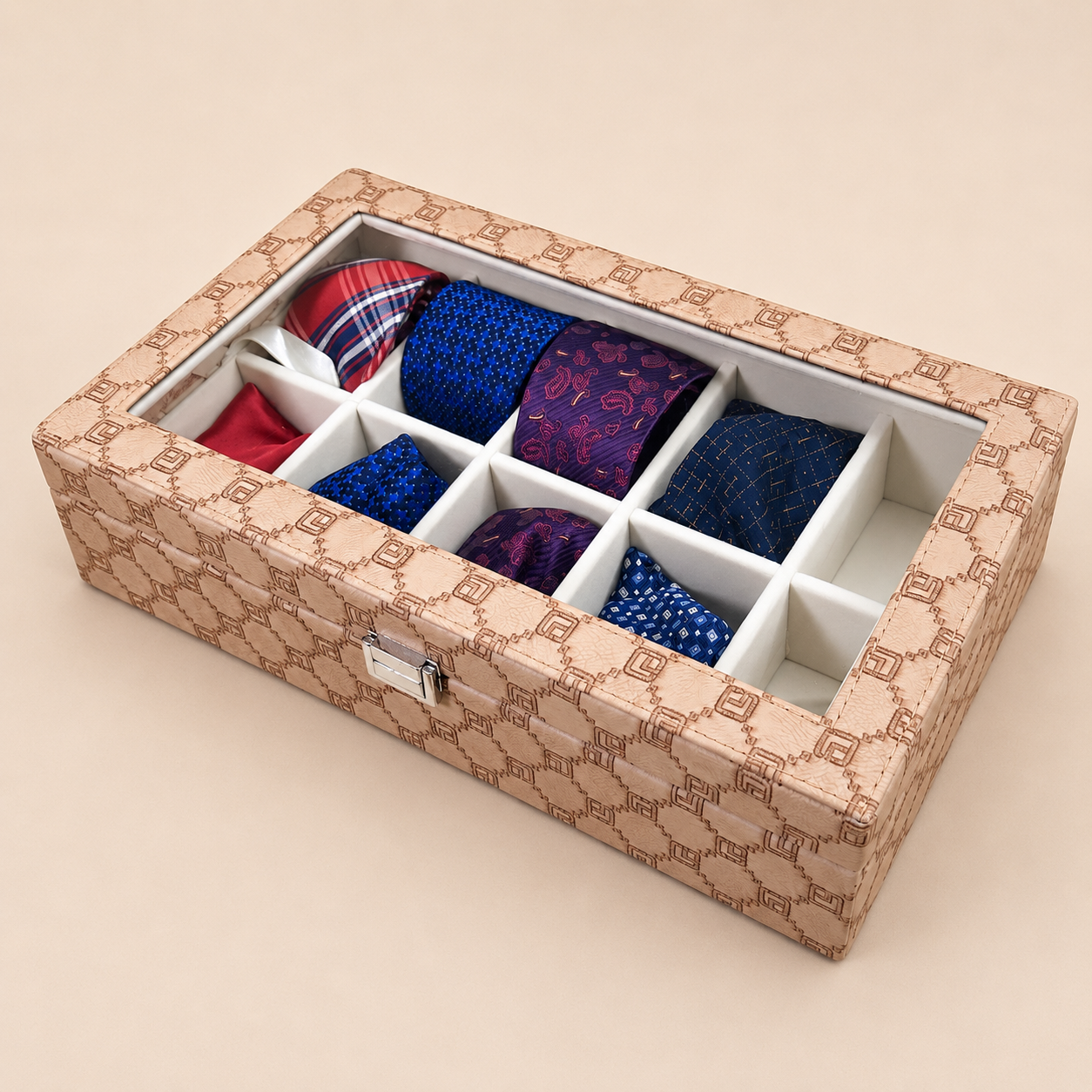 Designer 10 Slot Tie Pocket Square Box With Glass Top