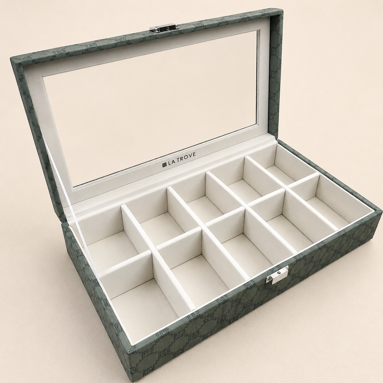 Designer 10 Slot Tie Pocket Square Box With Glass Top