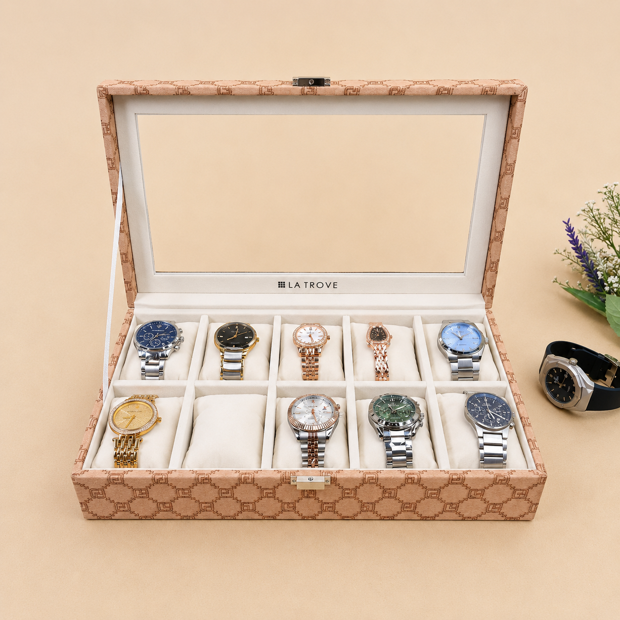 Designer 10 Slot Watch Box With Glass Top