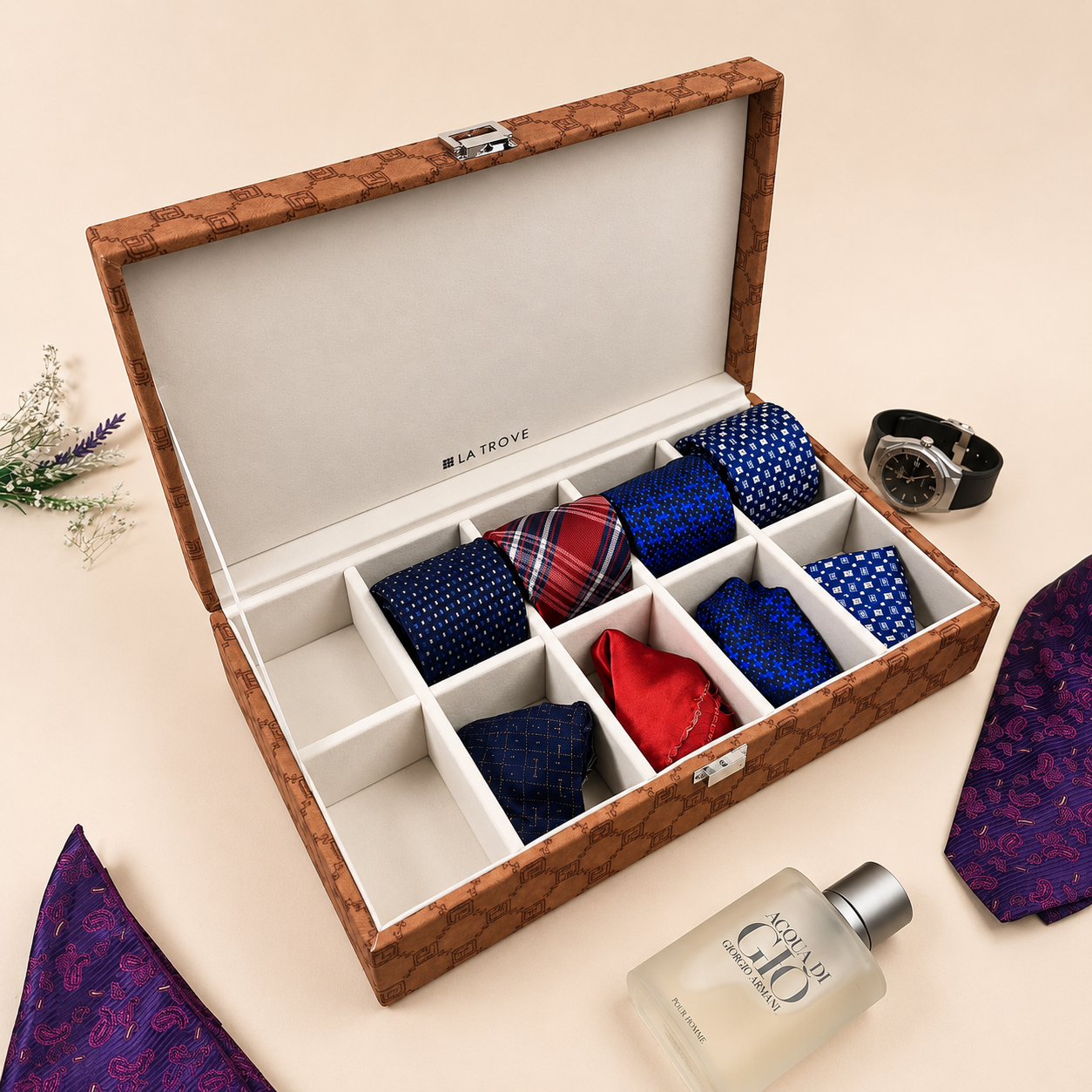 Designer 10 Slot Tie & Pocket Square Box
