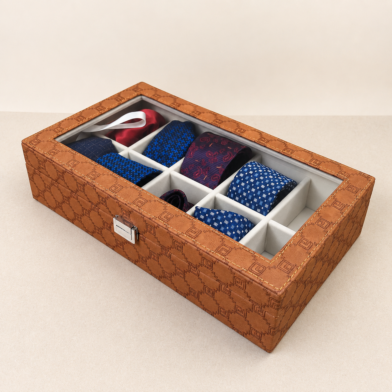 Designer 10 Slot Tie Pocket Square Box With Glass Top