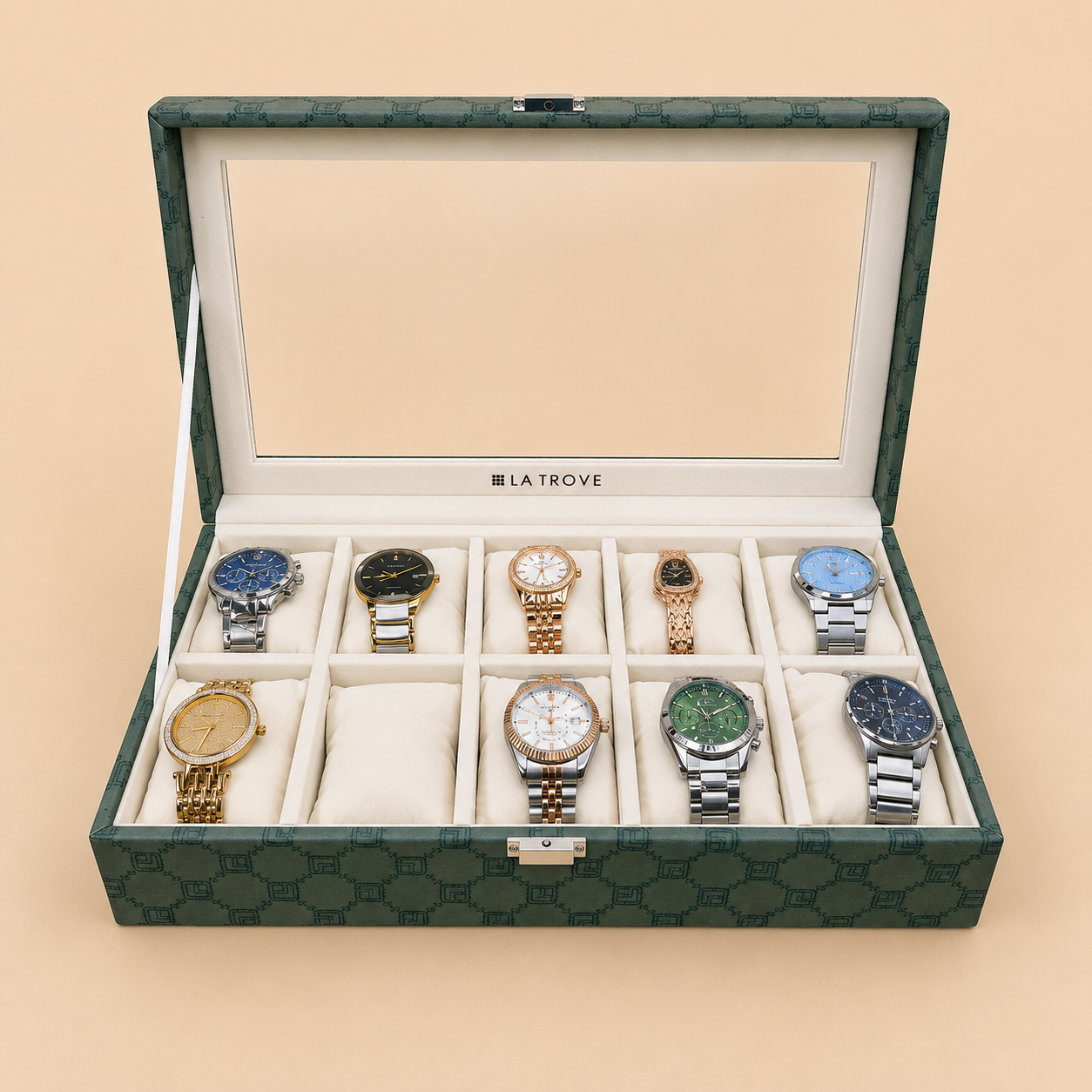 Designer 10 Slot Watch Box With Glass Top