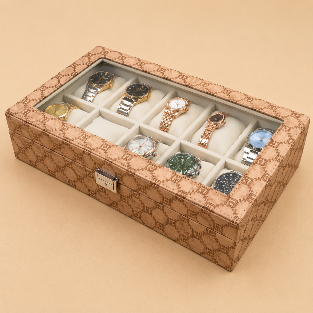 Designer 10 Slot Watch Box With Glass Top