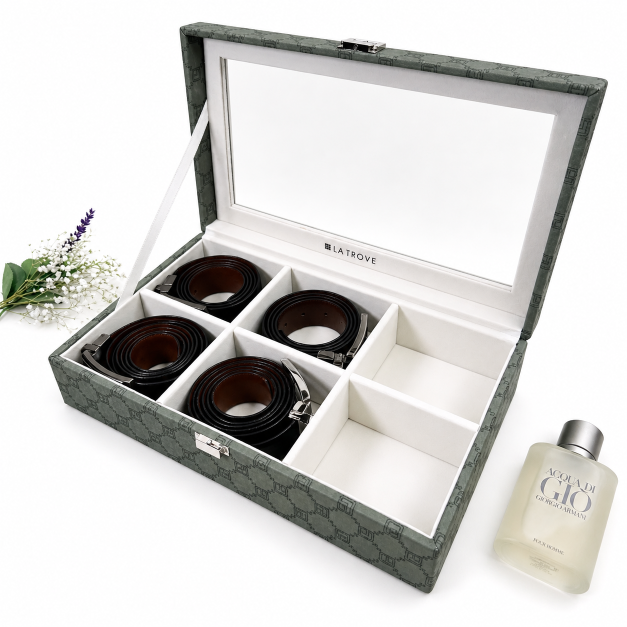 Designer 6 Slot Belt Box With Glass Lid