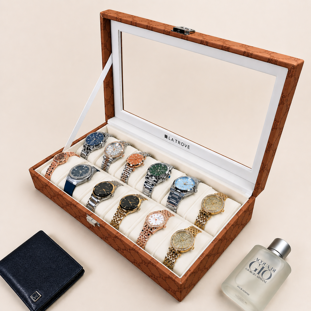 Designer 12-Slot Watch Box with Glass Top