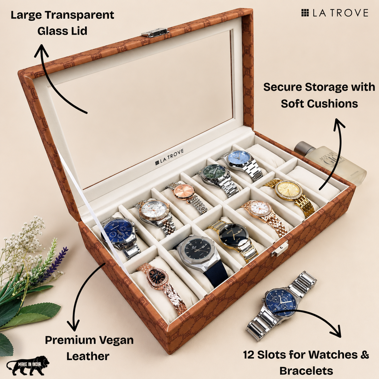 Designer 12-Slot Watch Box with Glass Top