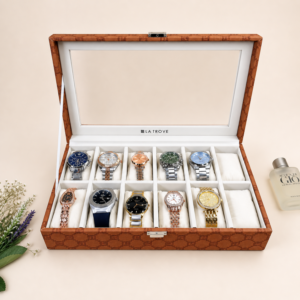 Designer 12-Slot Watch Box with Glass Top