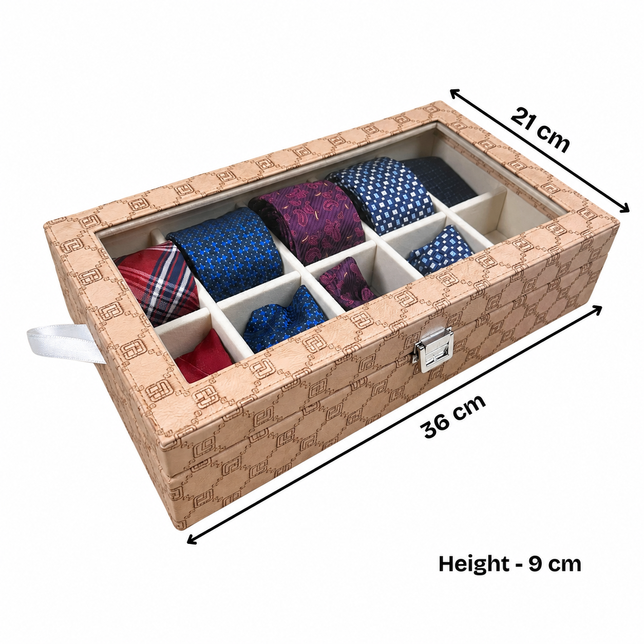 Designer 10 Slot Tie Pocket Square Box With Glass Top