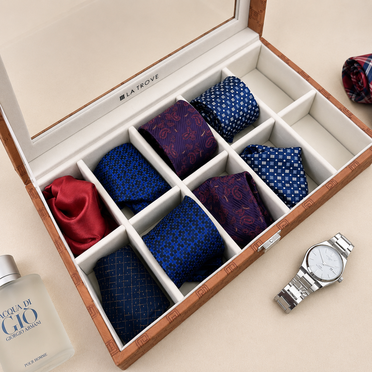 Designer 10 Slot Tie Pocket Square Box With Glass Top
