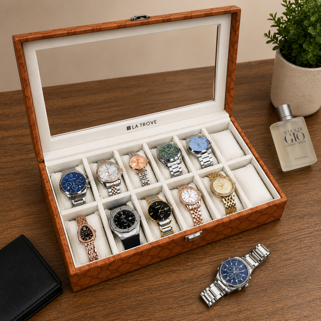 Designer 12-Slot Watch Box with Glass Top