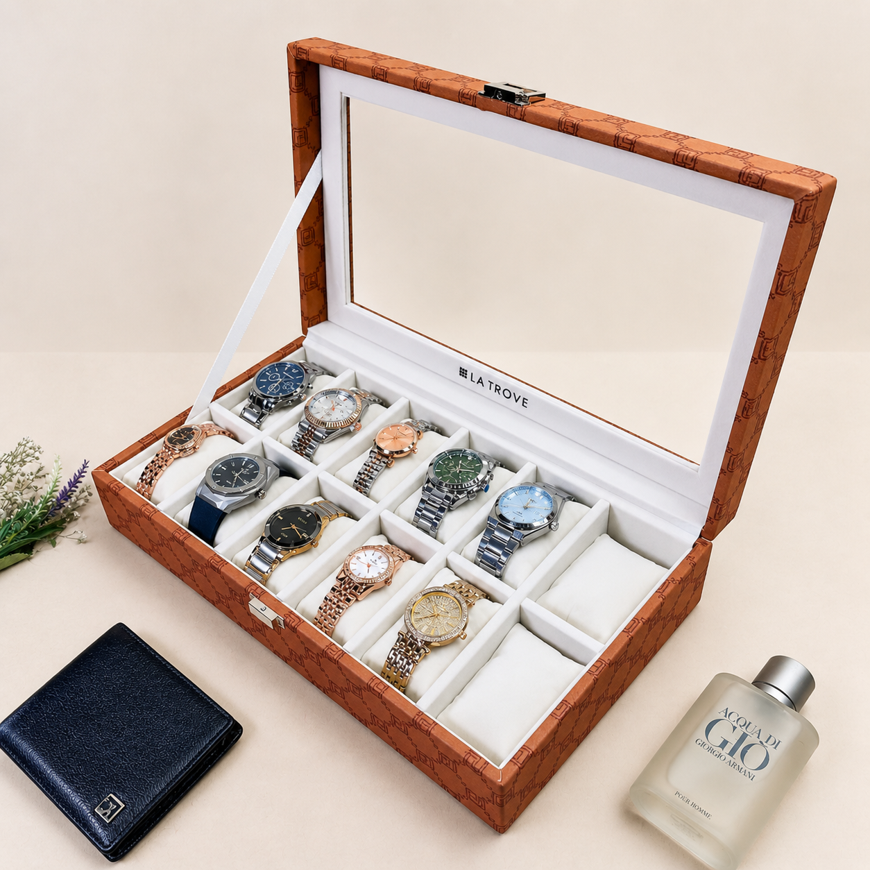 Designer 12-Slot Watch Box with Glass Top