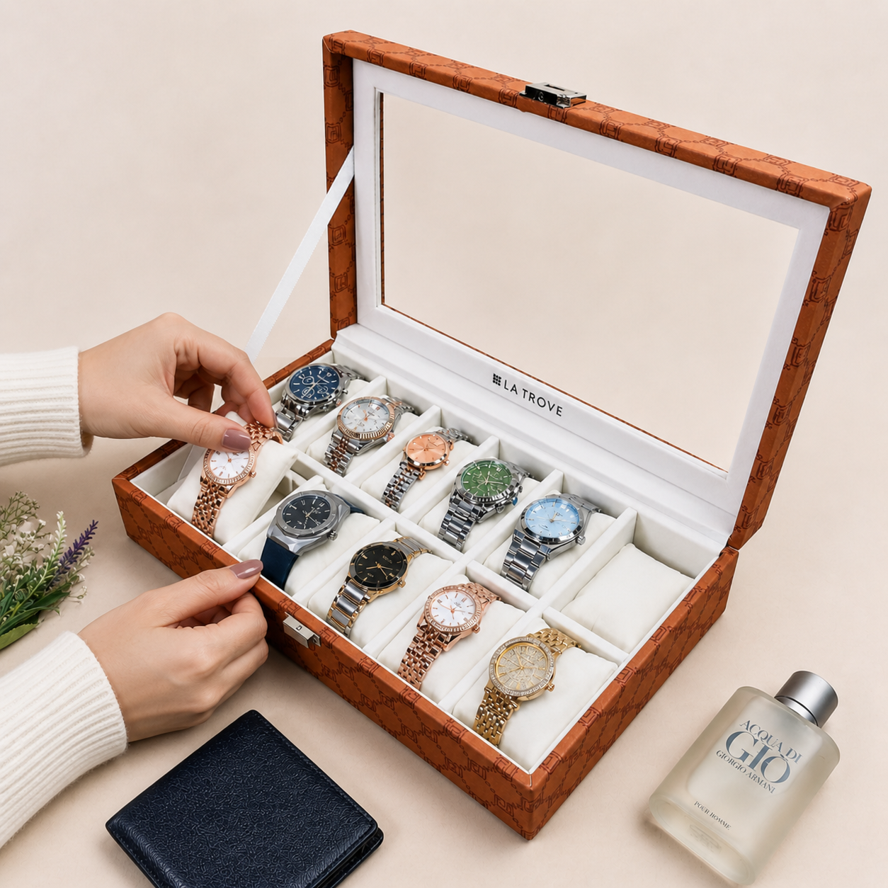 Designer 12-Slot Watch Box with Glass Top