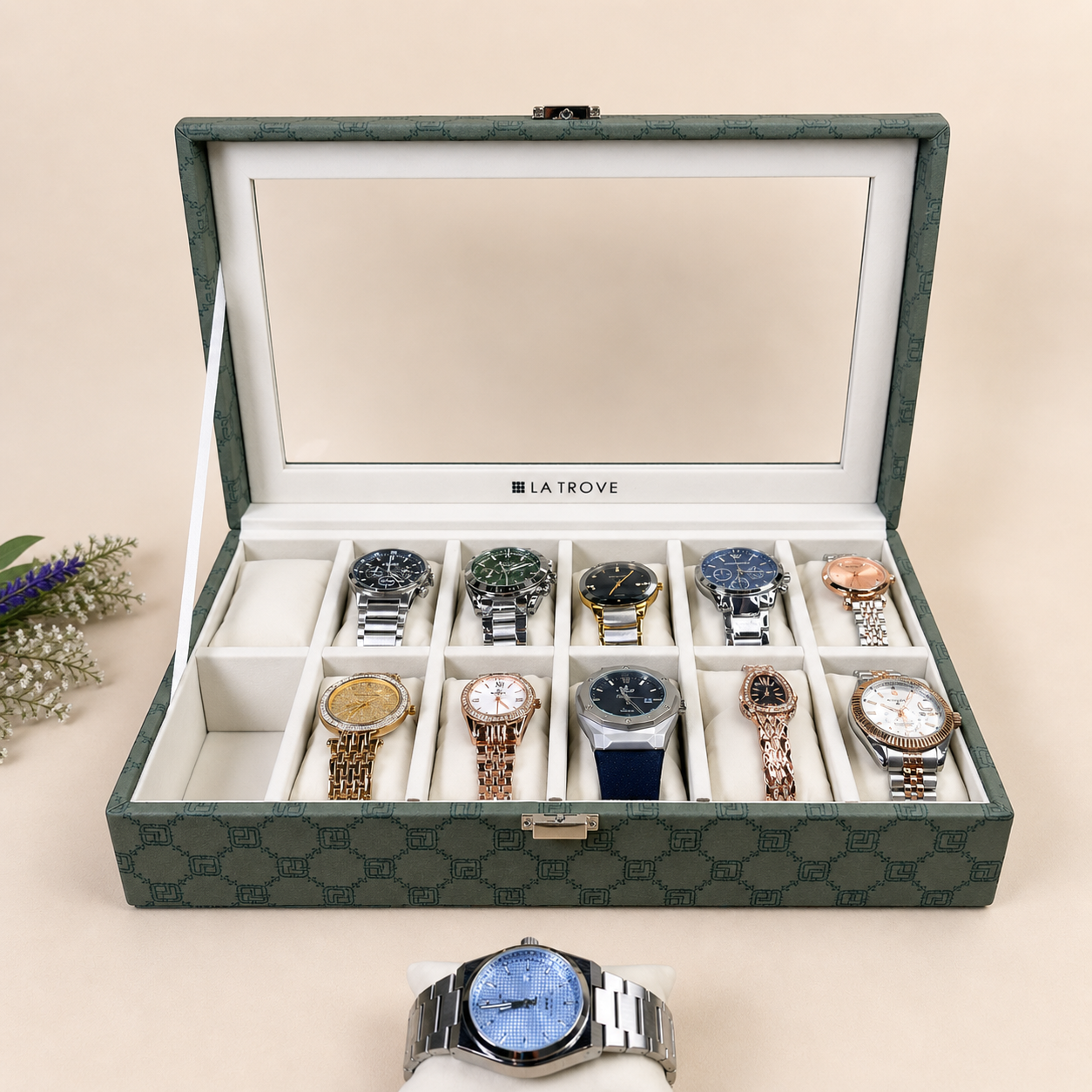 Designer 12-Slot Watch Box with Glass Top