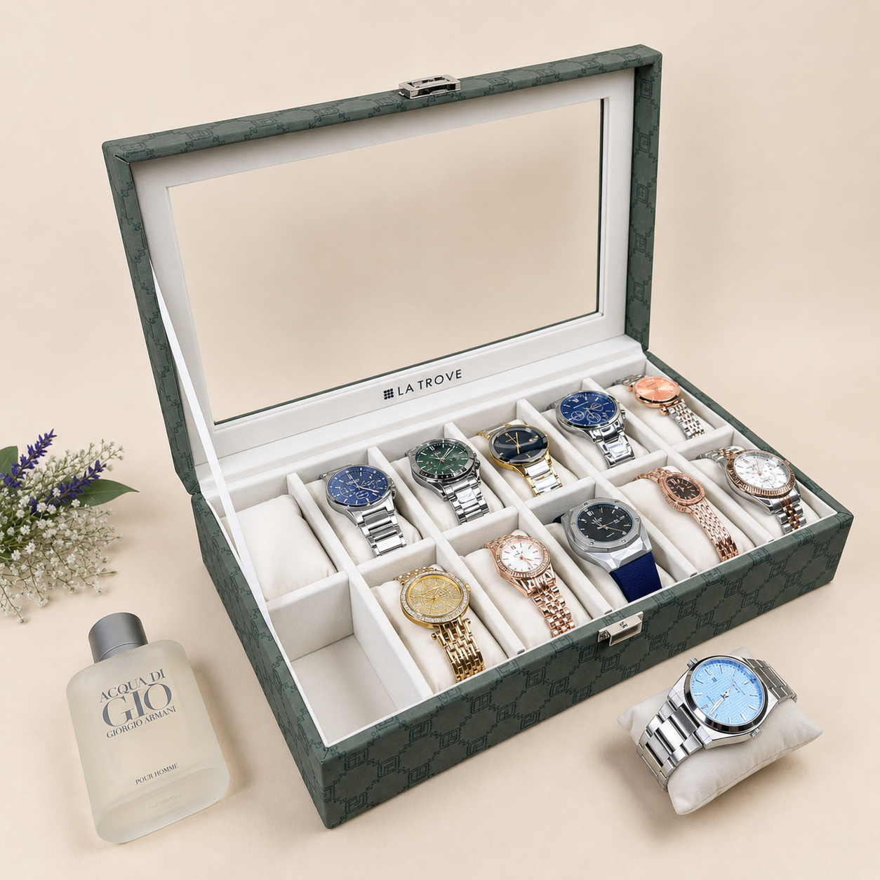 Designer 12-Slot Watch Box with Glass Top