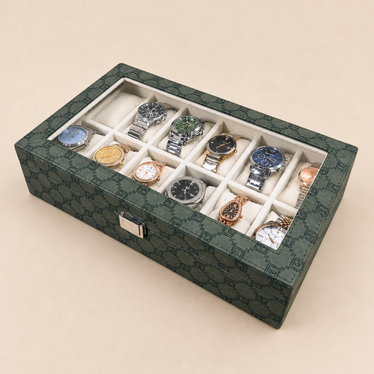 Designer 12-Slot Watch Box with Glass Top