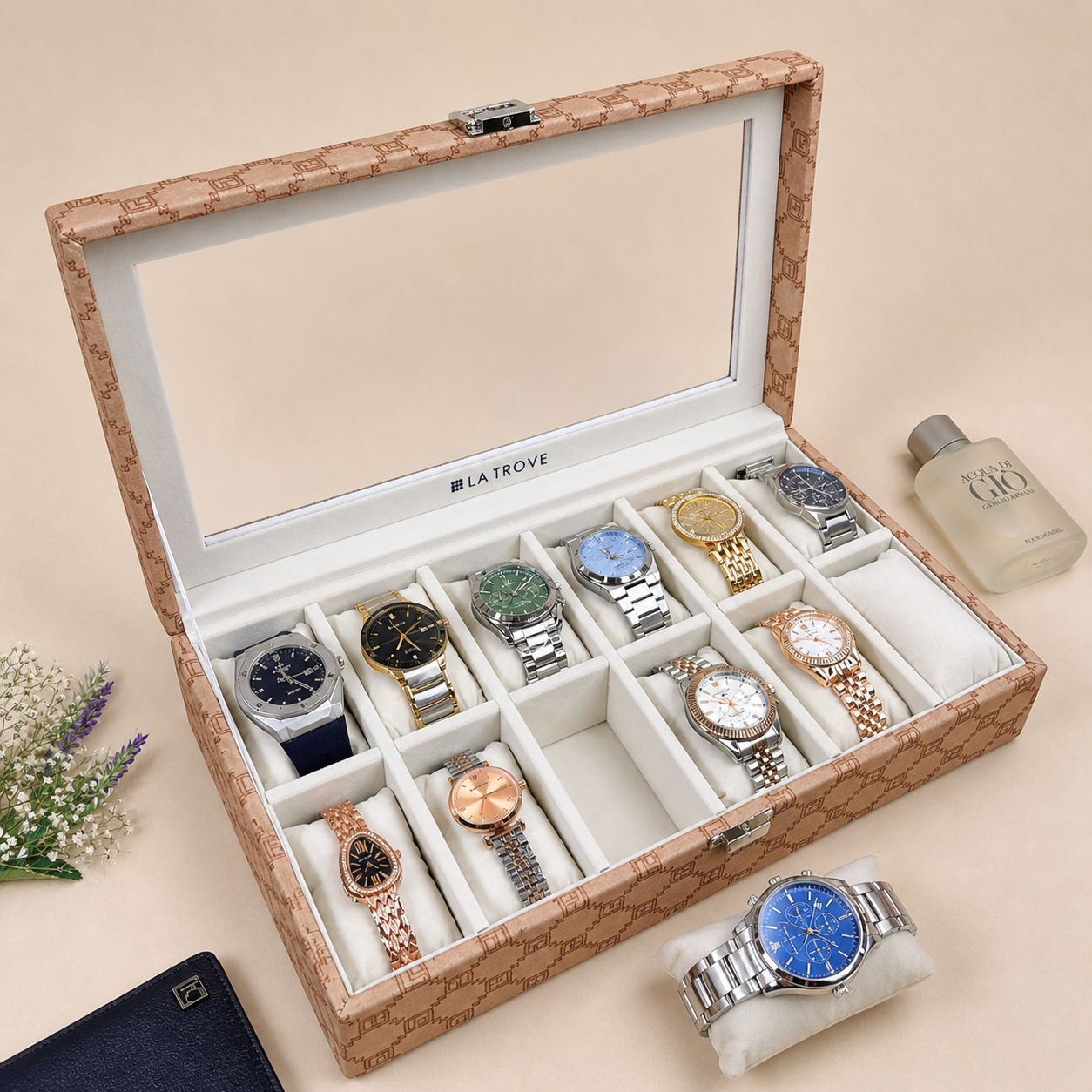 Designer 12-Slot Watch Box with Glass Top