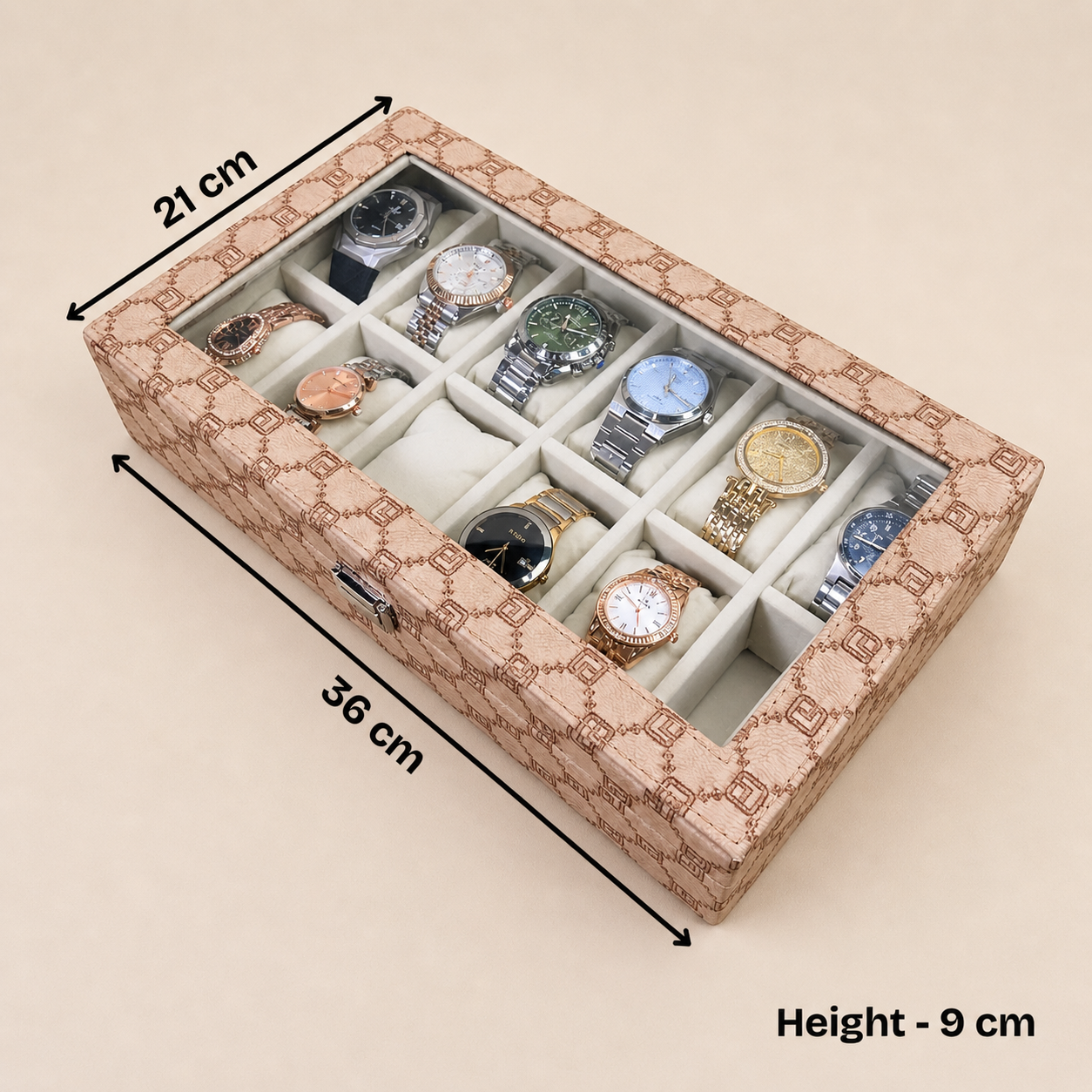 Designer 12-Slot Watch Box with Glass Top