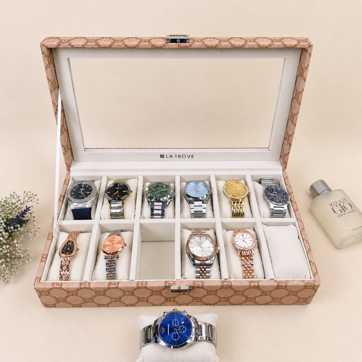 Designer 12-Slot Watch Box with Glass Top