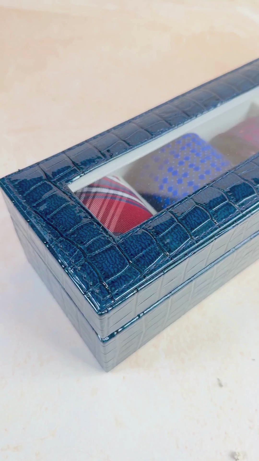 Blue 5 Slot Tie & Pocket Square Box with Glass Top – La Trove.