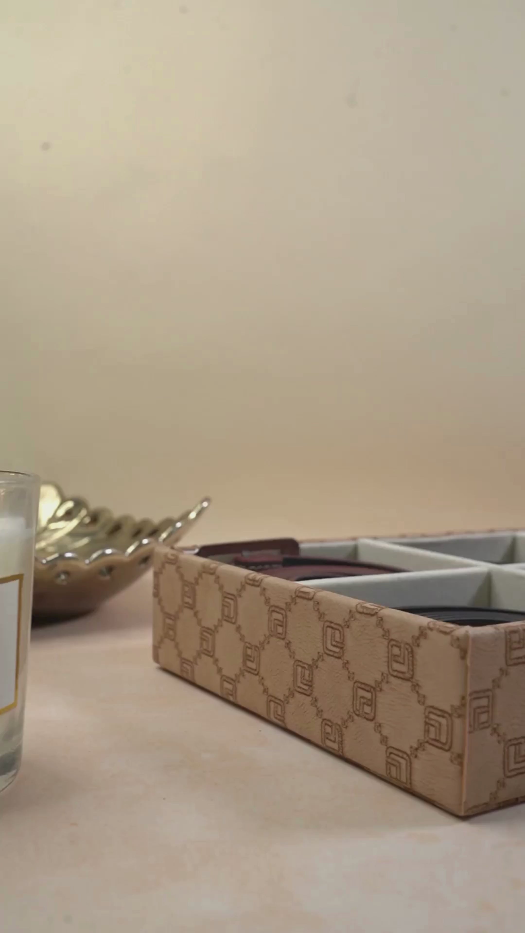 video showcasing the Designer 6 Slot Belt Tray – premium vegan leather belt organizer with velvet-lined compartments.