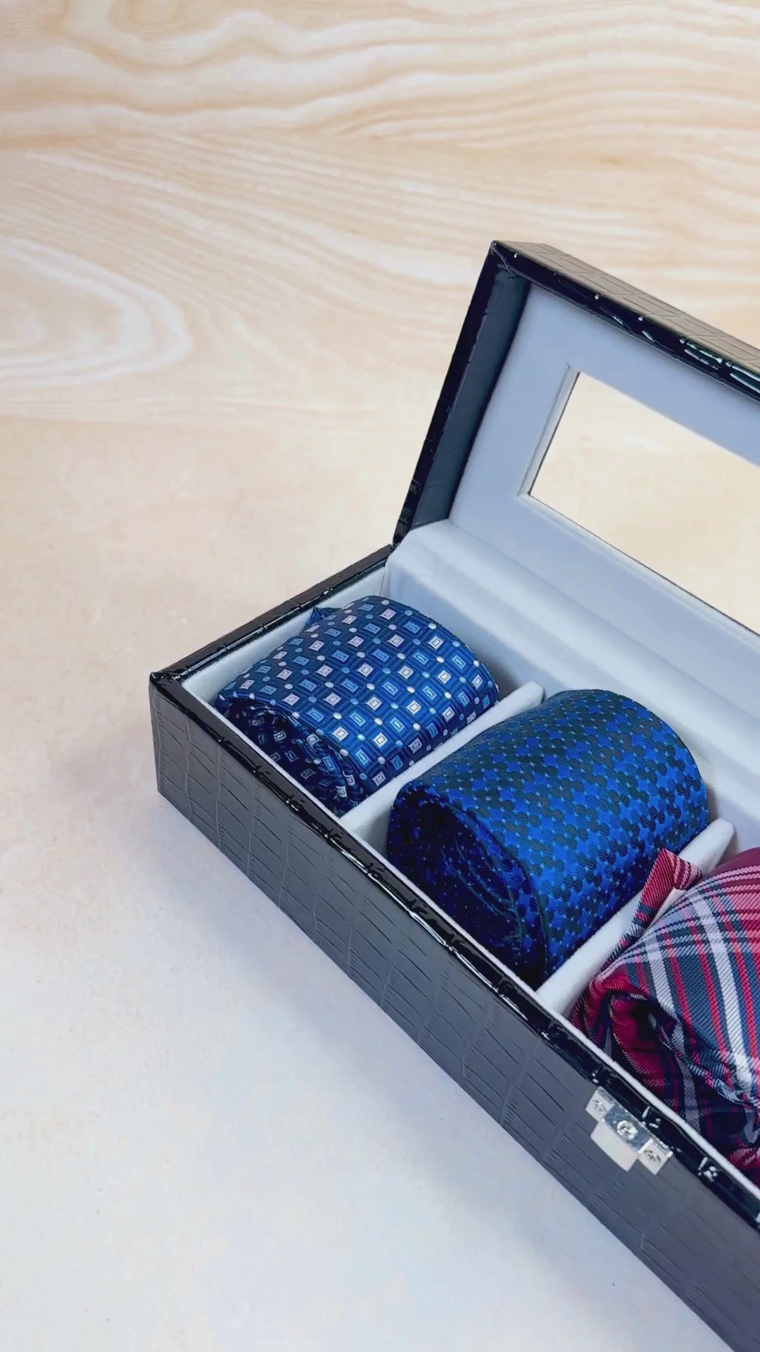 5 Slot Tie & Pocket Square Box With Glass Top