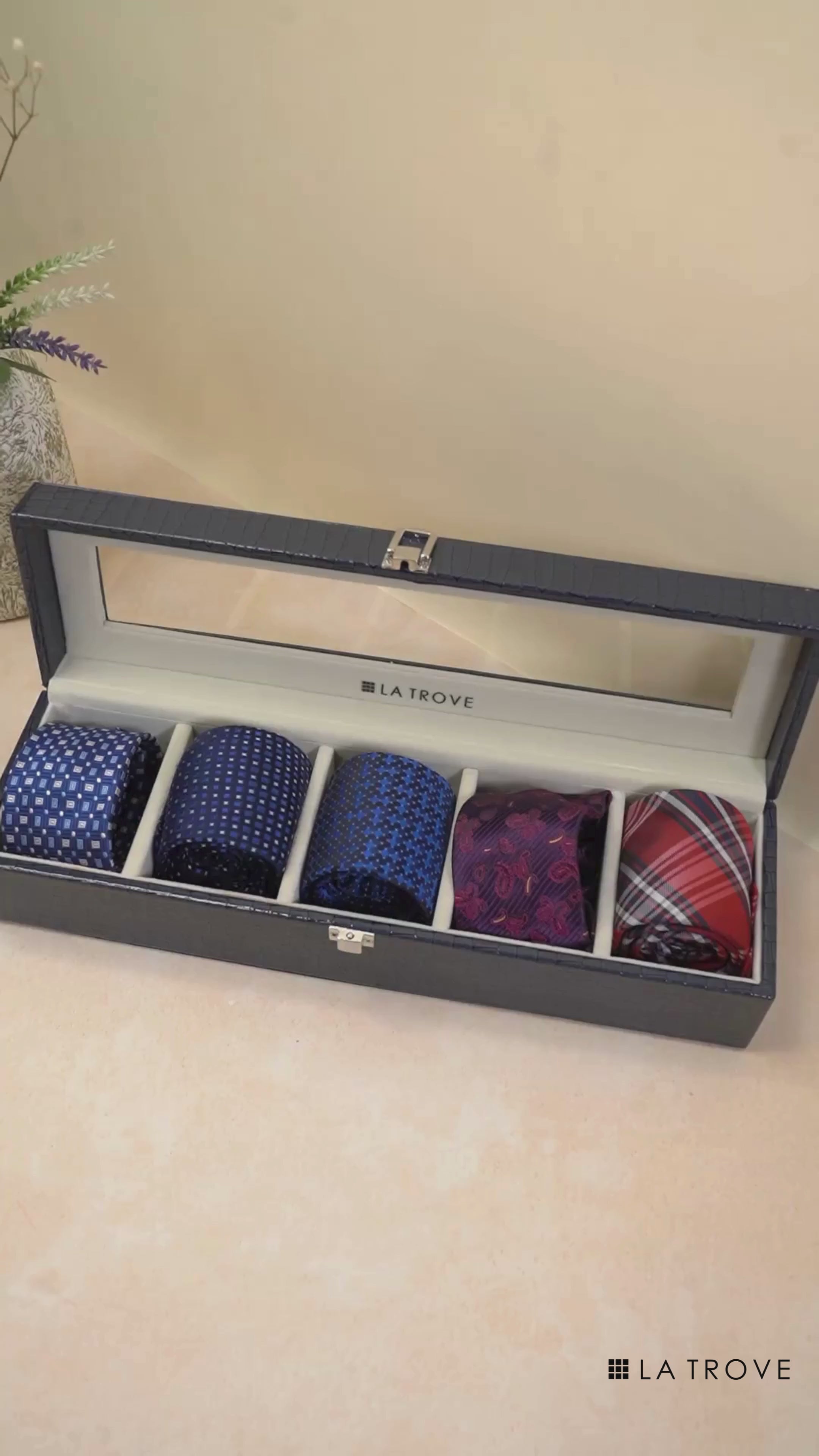 5 Slot Tie & Pocket Square Box With Glass Top