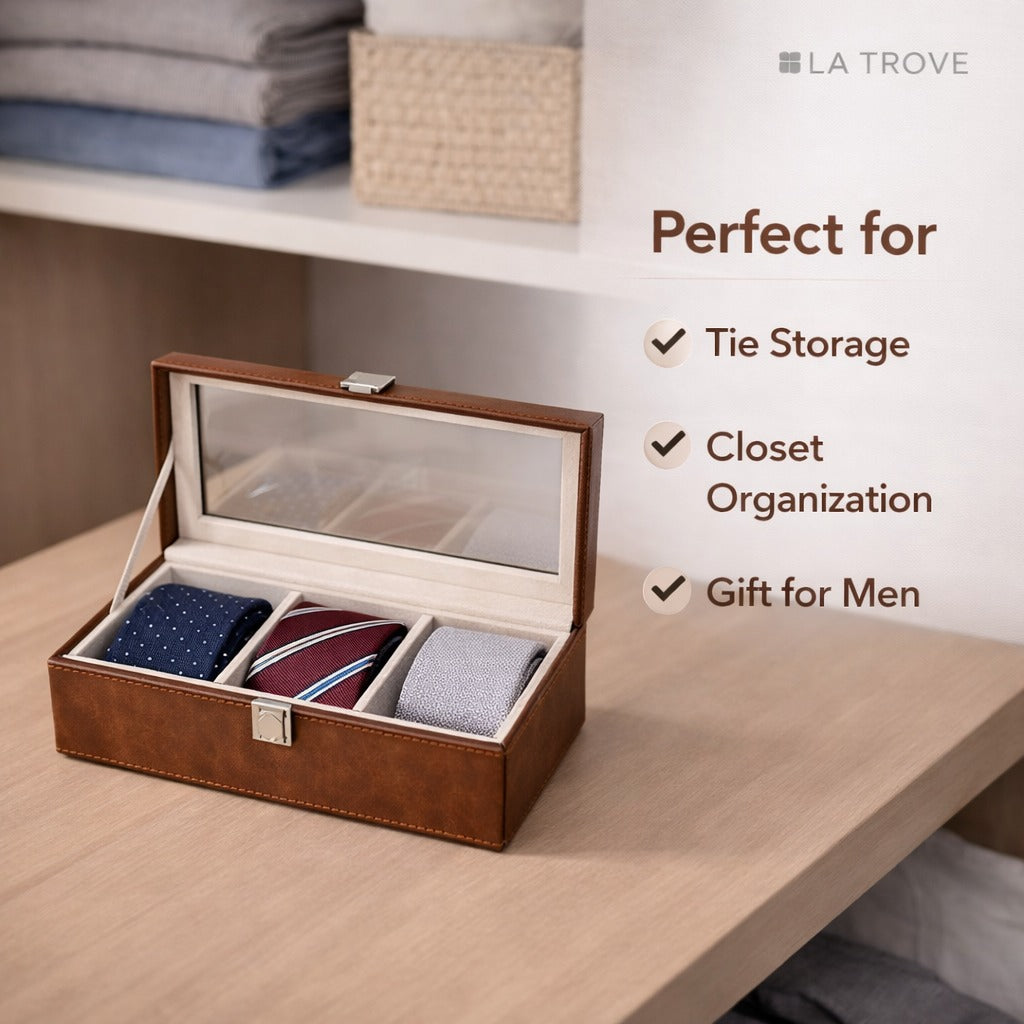 TBT tie organizer box with 3 compartments for necktie storage.
