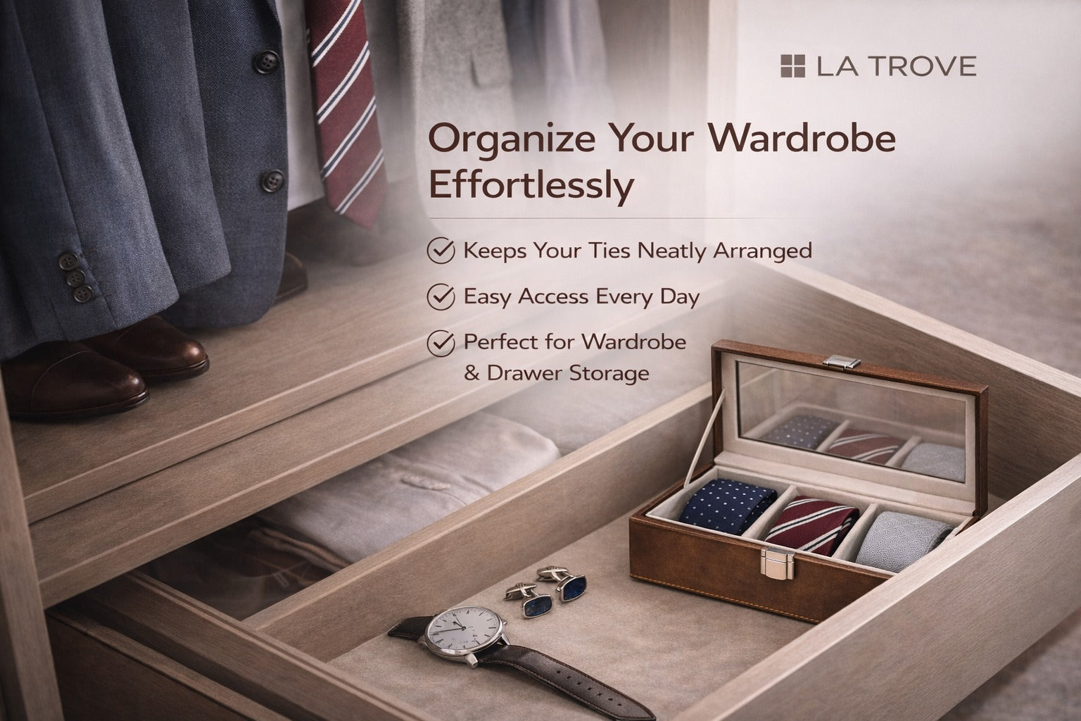 TBT 3 Slot Tie Organizer Box leatherette tie storage case for wardrobe drawer.
